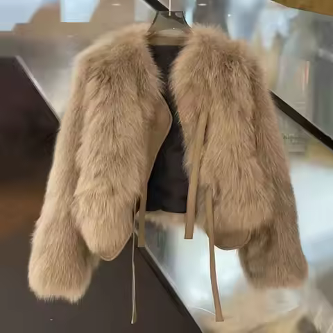 Autumn Faux Fur Crop Coat Women Y2K Fashion Streetwear O Neck Fluffy Short Fur Jacket Korean Elegant
