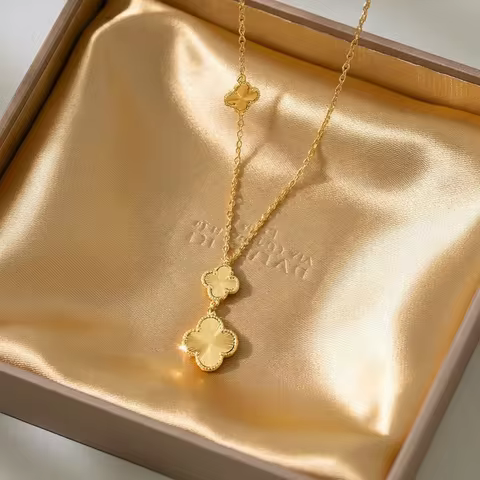 Light luxury 24K real gold four-leaf clover integrated necklace au9999 three-flower clavicle chain h