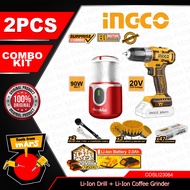 Ingco 2PCS/SET Li-Ion 20V Cordless Drill Brushless Motor & Coffee Grinder Combo Kit & Cordless Drill