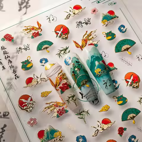 Chinese Style Red-crowned Crane Phoenix Auspicious Peacock Clouds Green Hills 3D Self Adhesive Nail 