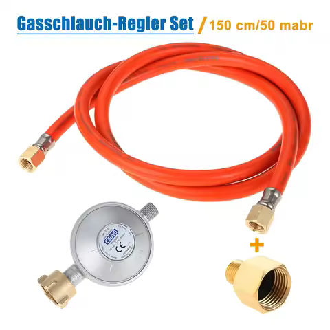 Gas Hose 150cm Pressure Reducer 50mbar Regulator Set with Transition 1/2" R X 1/4" Lks Adapter for L