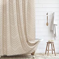 Extra Long Boho Shower Curtain, Woven Fabric 84 in Beige/Cream Shower Curtain, 72 x 84, Tufted Chevr