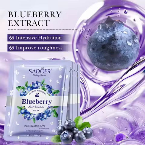 5pcs SADOER Blueberry Hyaluronic Acid Face Mask, Moisturizing Brightening Firming Facial Mask, Hydra