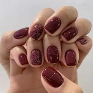24 Pieces of Wine Red Artificial Nail Short Solid Red Flash Nail Art Patches Cheap Press on Nails