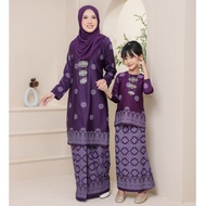 [Warna Dark Purple] Baju Kurung Moden Songket Bunga Tabur Printed Set Ibu Dan Anak