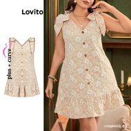 【In stock】Lovito Women Plus Size Curve Elegant Floral Bow Button Front Dress LBL16474 B6DY 0EHU UA56