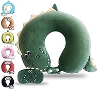 Sexysamba Cartoon Headrest &amp; Neck Pillow for Kids Boys &amp; Girls, Teens, Travel Accessories for Airplane, Car, Recline, Memory Foam Cute Travel Pillow with Sleep Eye Mask - Dinosaur