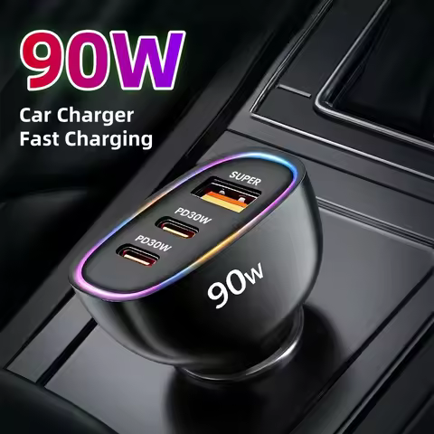PD90W 3 Ports Car Phone Fast Charger Dual PD30W+QC30W Cigarette Lighter USB Car Charger Adapter For 