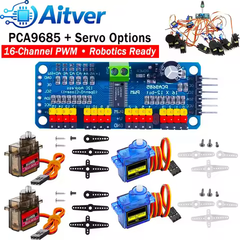 PCA9685 16‑Channel PWM Servo Driver Board / SG90 9g Servo / MG90S Metal Gear Servo 1PCS or 10PCS for