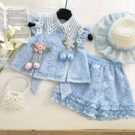 A ai2 Summer Girl Suit Baby Girl Flower Lace Halter Shirt Top Lace Shorts Two Sets20251028