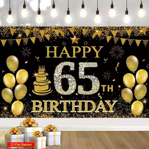 65th birthday party banner with balloons, snowflakes, and cake design, photography background, birth