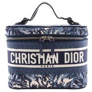 二手 Christian Dior 旅行化妝包，棕櫚刺繡帆布，義大利製造，2021 年，海軍藍/白色，雙拉鍊，女士款。