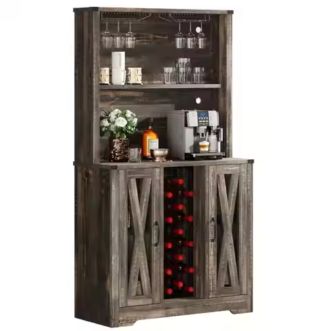Farmhouse Corner Bar Cabinet Liquor Wine Storage Stemware Rack Display LED Light