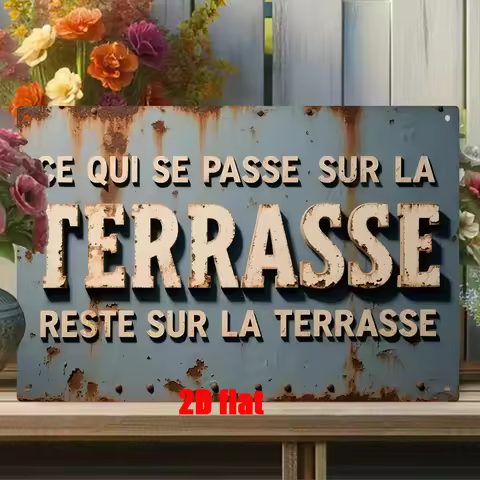 Vintage French "Ce Qui Se Passe Sur La Terrasse" Metal Wall Decor - Rustic Patio Quote Sign for Home