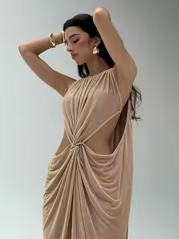Apricot Solid Sleeveless Maxi Dress With Back Cutout And Front Knot Detail For Wedding Guest Party G
