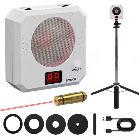 A set of 3 380ACP short red dot laser trainers and electronic scoring targets with target racks