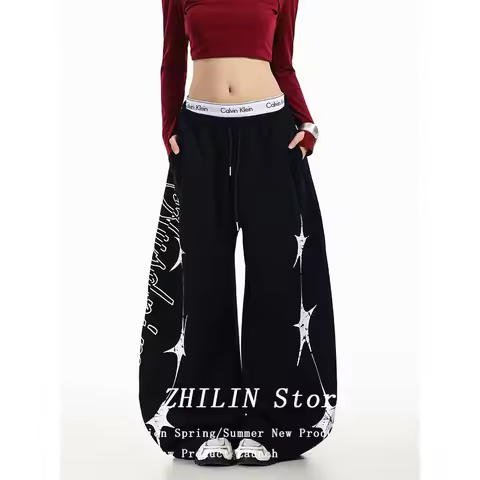 Women's Black Oversize Sweatpants Harajuku Baggy Star Pants 2000s Y2k Vintage Japanese 2000s Style T