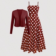 2pcs/Set Plus Size Women Knitted Jacket And Polka Dot Print Dress, Casual Outfit For Date, Daily Wea