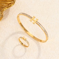 Narrow Version H Letter Cubic Zircon Bracelet Ring Set Titanium Steel European American Fashion High