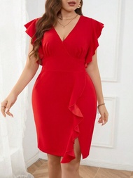SHEIN Privé 大碼女士優雅的紅色荷葉邊雪紡短袖v領連衣裙,側開叉裝飾,適用於浪漫約會、晚餐、日常穿著、春/夏派對