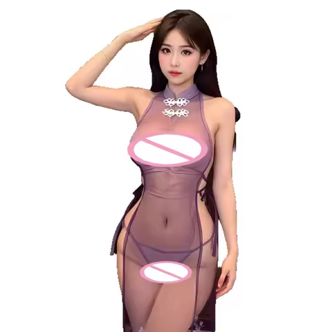 Anime Sakura Cheongsam Uniform Women Mesh Transparent Flower Dress Purple Qipao Temperament Lingerie