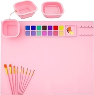 Silicone Painting Mat 20"X16" Silicone Art Mat with 1 Removable Water Cup Mats for Crafts has 14 Color Dividers 1 Paint Divider 10 Paint Brushes Drawing mat for Kids Adults Clay DIY Sculpting Gift