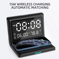 GTWIN  6 IN 1 Alarm Clock Wireless Charger With Digital Thermometer LED Desk Lamp For Bedroom 15W Mobile Phone Fast Charger