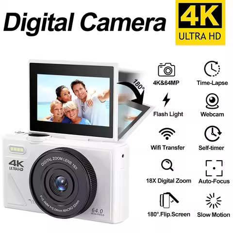 64MP Digital Photography Camera 3.0" Flip Screen WIFI 18X Digital Zoom 4K Vintage Vlog Video Recorde