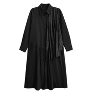XITAO Patchwork Pleated Lapel Women Dress Casual Full Sleeve A-line Turn-down Collar Loose Slimming