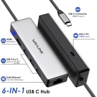 WAVLINK ฮับ USB C 6-In-1ตัวแยก Usb-C แบบสากลพร้อม HDMI 4K 30Hz 3.0 3 USB อีเธอร์เน็ตกิกะบิตส่งกำลัง1