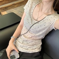 Girls Summer T-shirt Women Coquette Polka Dot Sheer Thin Short Sleeve Top Female Niche Design Det
