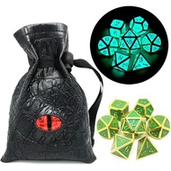 Haxtec Glow in The Dark Glowing Blue Metal Dice Set D&D W/Dragon Dice Bag 7PCS DND Dice Set Compatib