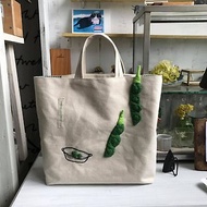 雙條綠豌豆手提袋/米白底