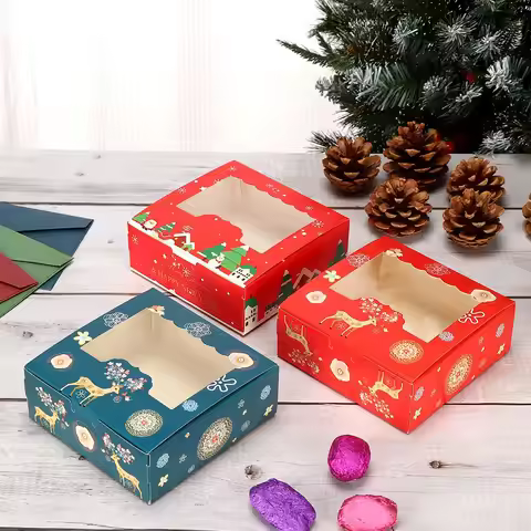 10pcs Christmas Cardboard Cake Boxes 4 Cup Cake Packaging Box Biscuit Nougat Chocolate Candy Gift Wr