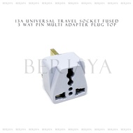13A Universal Travel Socket Fused 3 Way Pin Multi Adapter Plug Top
