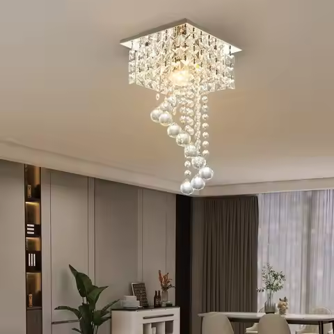 Finktonglan Mini Crystal Chandelier, 7.9" Square Flush Mount Ceiling Light, 1-Light E26, K9 Crystal 