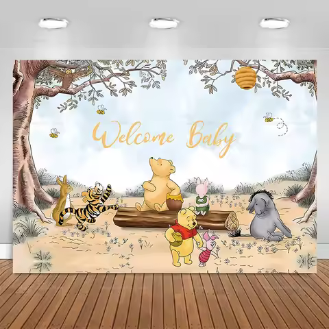 Welcome Baby Backdrop Vintage Winnie the Pooh Baby Shower Photography Background Kids Birthday Party