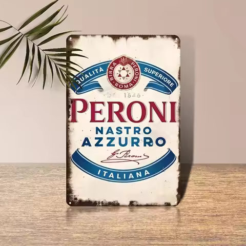 Vintage Peroni Nastro Azzurro Italian Beer Metal Tin Sign, Rustic Iron Wall Plaque for Home, Bar, Re