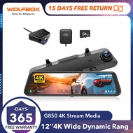 WOLFBOX 12" 4K Rear View Mirror Camera, Smart Full Touch Screen Mirror Dash Cam Front and Rear, Backup Camera with 1080P Rear Camera, Dash Cam with WDR Camera,Night Vision,Free 64GB Card &amp; GPS Car Camera