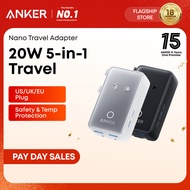 Anker Nano Travel Adapter, 5-Port Power Adapter with 1 AC, 2 USB-A, and 2 USB-C Ports, Smart Tempera
