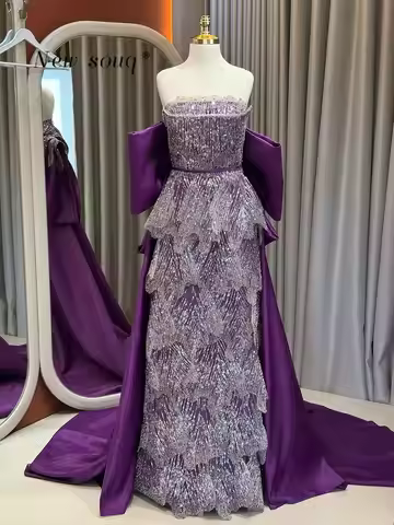 Purple Strapless Glitter Layered Beaded Sequins Evening Dresses with Satin Train Customized Dubai Ar