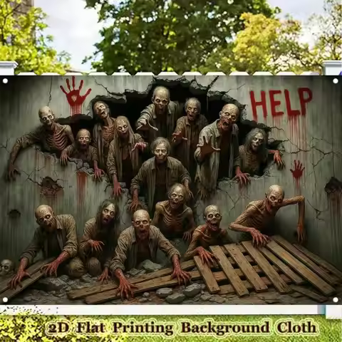 VIKAMA 2D Halloween Banner - Zombie Breakout Horror Scene Photography Background - Party Decoration 