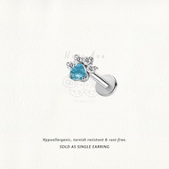 Nora Ana Blue Zircon Paw Threaded Stud Flatback Earring Titanium ASTM-F136 Surgical Implant Grade