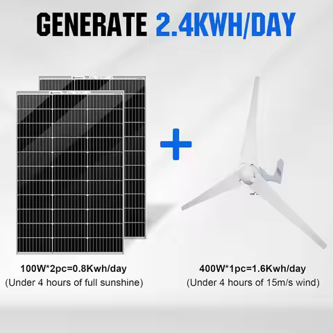 600W Solar Wind Power Kit: 2X 100W Mono Solar Panel + 1x 400W Wind Turbine Generator For Home/RV/Boa