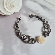 貝殼雕刻玫瑰花(粉膚) 不銹鋼手鍊手環