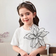 เสื้อยืดคอกลม 3D ลายดอกไม้ ทรงหลวมสีพื้นสำหรับผู้หญิงวัยรุ่น น่ารัก หรูหรา หวาน วินเทจ และทันสมัย เห