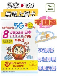 日本 真•無限上網【8日全程 5G不限速】雙網絡 Softbank+KDDI 極高速 無限數據卡 上網卡 電話卡 旅行電話咭 Data Sim咭