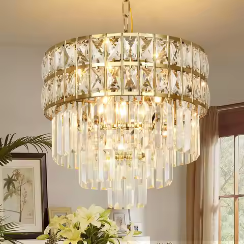 Round Gold K9 Crystal Chandelier, Adjustable Height Hanging Ceiling K9 Crystal Chandelier for living