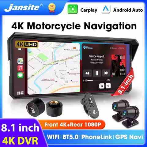 Jansite 8.1 inch Motorcycle Carplay 4K+1080P Dual Lens IPX7 Waterproof Wireless CarPlay and Android 
