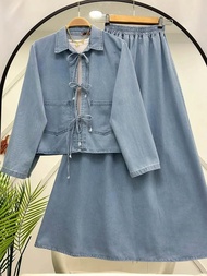 Dira Ribbon Set Matt Jeans Premium Size XL Set Atasan + Rok Wanita Dewasa Terbaru 2025 Kekinian New